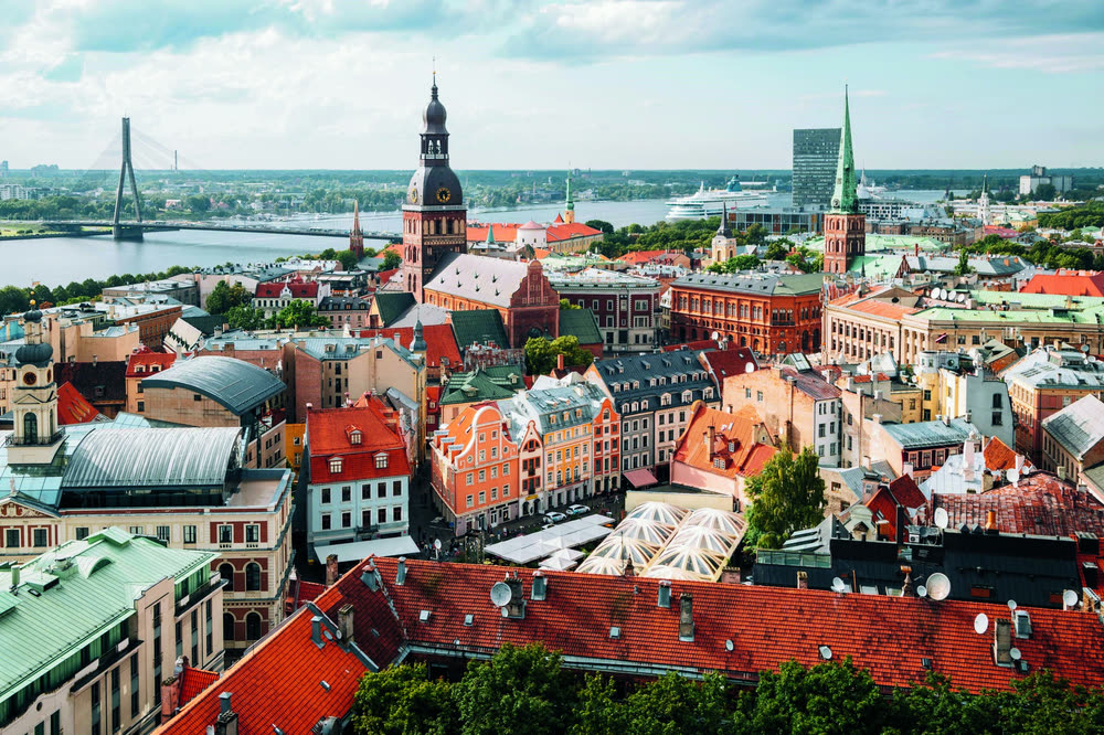 Aerial view over Riga and the river Daugava